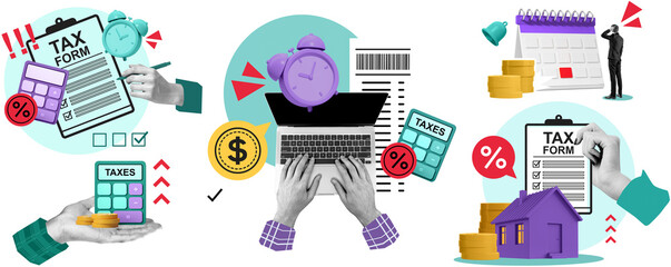 Tax documents, calculators, clocks, coins, and business tools in creative collage style on white background, illustrating business tax filing concept