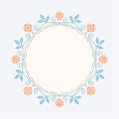 Delicate Floral Border With Orange Roses And Blue Leaves On A Light Cream Circular Frame Against A Pale Blue Background