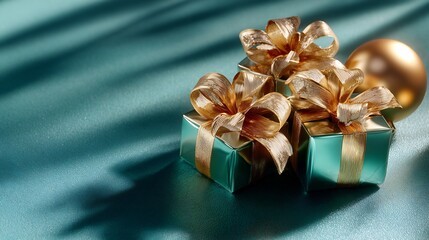 Sophisticated Christmas: Teal and Gold Gift Boxes with Elegant Ribbons, Moody Lighting, and Copy Space for Personalized Holiday Greetings and Celebrations