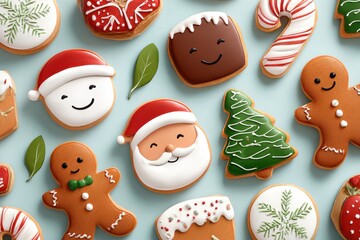 Obraz premium A colorful assortment of decorated gingerbread cookies including Santa, Christmas tree, candy cane, and gingerbread men