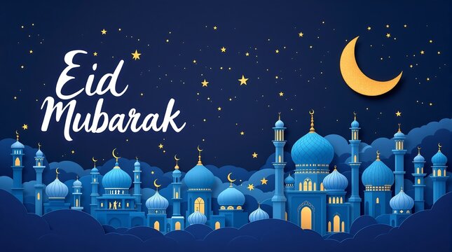 Eid mubarak greeting card background with islamic mosque and crescent moon for ramadan kareem celebration - Powered by Adobe