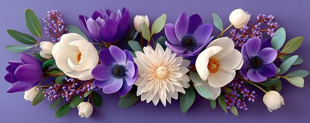 White and purple flower arrangement against purple backdrop, decorative wreath-style floral display
