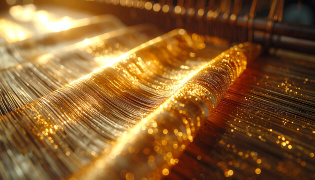 Golden Threads of Creation: The intricate dance of light on strands of fabric weaves a mesmerizing tapestry, showcasing the art of textile creation and the beauty of craftsmanship.