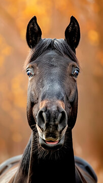 Funny Dark Horse Face with Open Mouth Outdoors. Equine Humor, Crazy Expression.