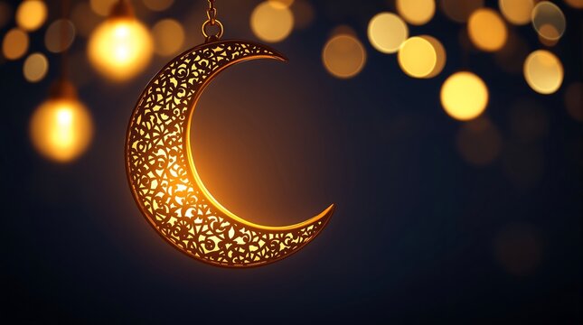 Ramadan kareem crescent moon decoration with bokeh lights for islamic holidays and muslim community events