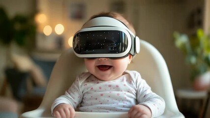 Toddler boy smiling with a virtual reality headset sitting in high chair. A baby wearing a VR glasses and enjoying virtual reality. Concept of contemporary technology and early child development - Powered by Adobe