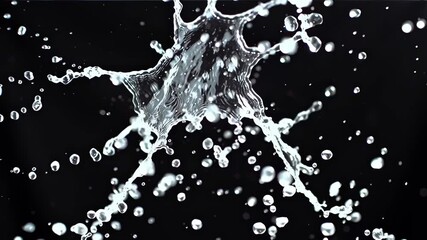 Dynamic water splash with numerous droplets frozen in slow motion against a dark, isolated background. - Powered by Adobe