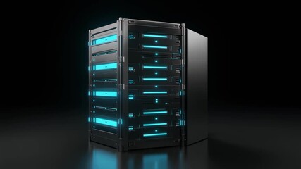 Futuristic server rack glowing blue lights dark background technology concept computer data - Powered by Adobe