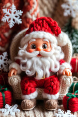 Stylized yarn-art Santa Claus figure sitting in a cozy armchair, surrounded by festive decorations and soft knitted textures. Warm handcrafted Christmas scene in soft light.