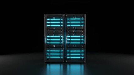 Modern server racks with glowing blue lights on a dark reflective surface representing data center technology and digital infrastructure - Powered by Adobe
