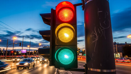 Traffic light at night with red yellow and green lights urban street scene