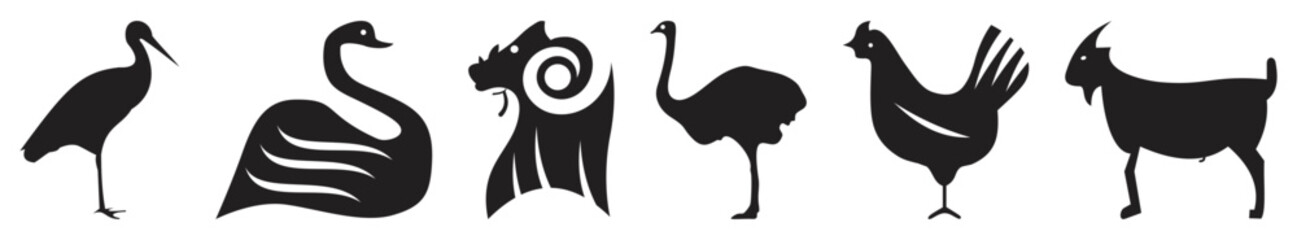 Collection of Farm and Wild Animal Silhouettes.