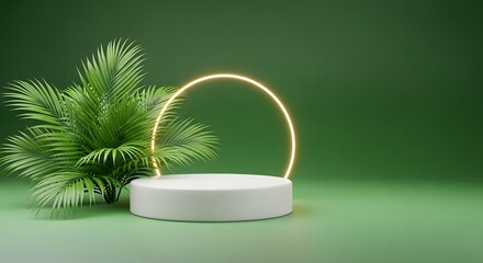 Minimalist podium with glowing neon ring and tropical palm leaves
