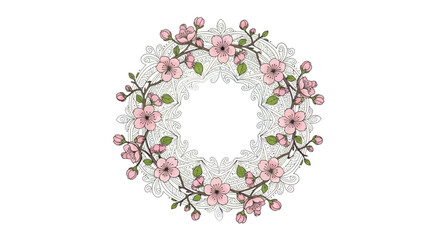 Delicate Floral Wreath with Pink Blossoms and Green Leaves Circular Arrangement.