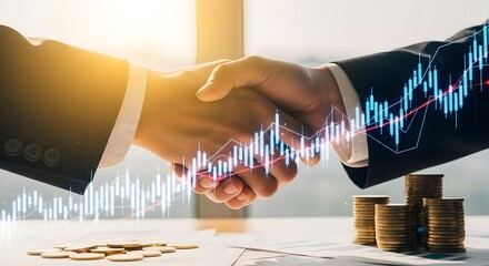 Businessmen shaking hands with financial graph and coins