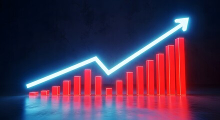 Glowing neon arrow chart shows upward trend and financial growth