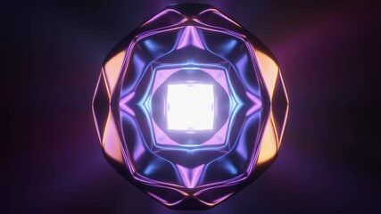 Abstract geometric shape with glowing core and iridescent metallic surface in purple and blue hues video - Powered by Adobe