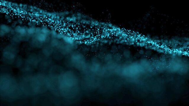Abstract turquoise glowing particles on black flowing stream of light modern background - Powered by Adobe