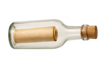 Glass bottle with a rolled paper scroll inside, sealed by a cork stopper, on a transparent background