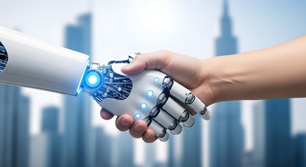 Human and robot shaking hands with futuristic city skyline background