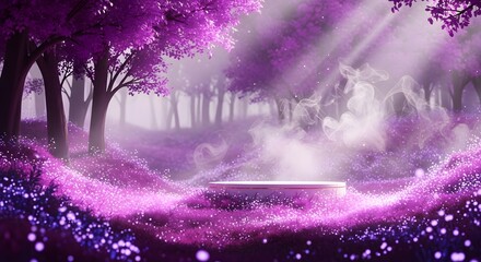 Magical purple forest clearing with glowing light beams and a pedestal