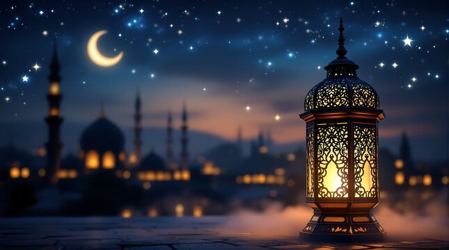 Ramadan kareem background islamic lantern with mosque and moon for eid mubarak celebration design