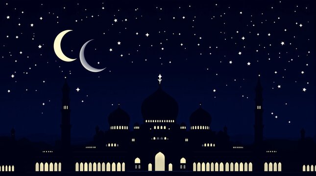 Ramadan kareem mubarak islamic mosque night sky with moon and stars vector illustration background design