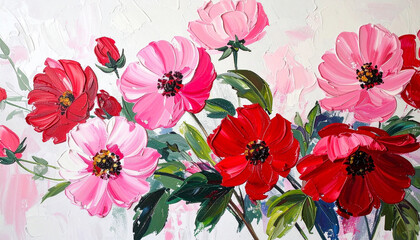 Hand-drawn oil painting of pink red flowers on white canvas, palette knife texture, bold brushstrokes