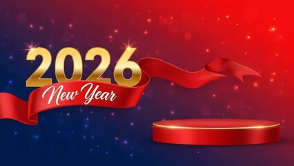 Golden 2026 new year text with red ribbon and podium on dark background