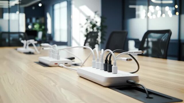 Charging station with USB cables on a modern conference table in office. Technology and Power cables concept.