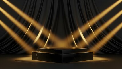 Luxurious black stage with golden spotlights and dramatic curtains