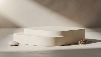 Minimalist beige podium with soft shadows and natural light
