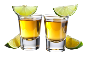 Two shot glasses filled with golden liquor and garnished with lime wedges on a black background