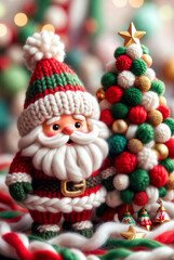 Stylized knitted Santa figure standing beside a fluffy Christmas tree, illuminated by warm festive lights. Soft handcrafted textures create a cozy holiday atmosphere.