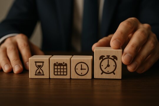 Business professional arranging time management blocks symbolizing scheduling, deadlines, and productivity. Concept of efficiency, organization, and effective time utilization.