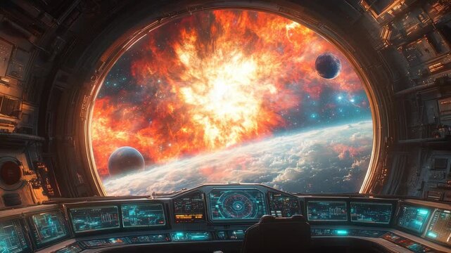 View from inside spaceship cockpit window looking at massive supernova explosion in galaxy background backdrop cinematic sci fi battle starship bridge control panel apocalyptic space concept