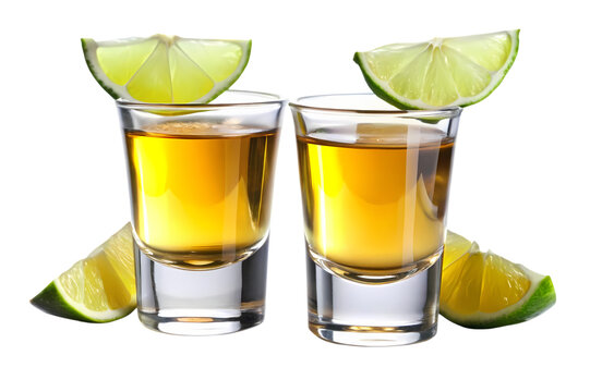 Two shot glasses filled with golden liquor and garnished with lime wedges on a black background