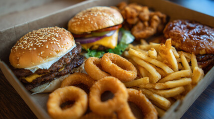 Close up of a cardboard container with burgers fries and onion rings ready to be eaten quickly
