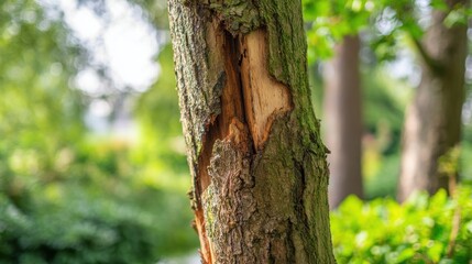 Fototapeta premium custodianship. Close-up of tree trunk with abnormal swelling and torn bark, textured botanical imperfection. gardening catalogs, home-decor guides, designed for gardening and botanical catalogs.