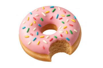 Bitten pink donut with colorful sprinkles, sweet pastry snack, sugary dessert food, transparent background