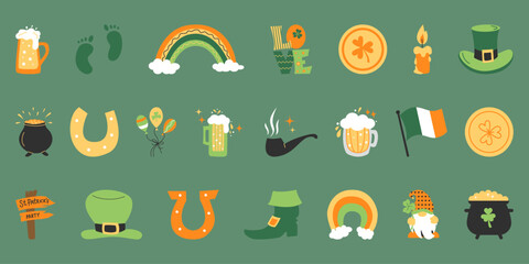 Large set of irish symbols icons for St. Patrick's Day. St. Patricks Day collection with green shamrock leaf, beer, irish flag, leprechaun hat, clover, coins. Vector illustration