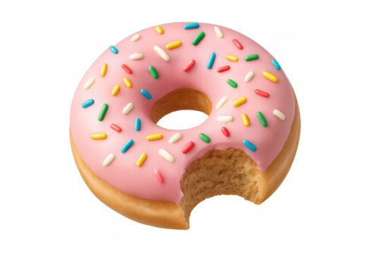Bitten pink donut with colorful sprinkles, sweet pastry snack, sugary dessert food, transparent background