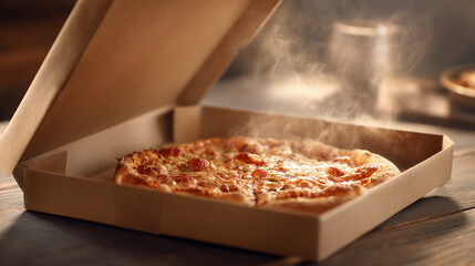 A freshly baked pizza with steam in a cardboard box on a wooden surface with blurred background