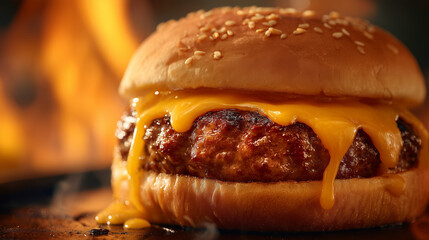 Close up of a delicious looking burger with melted cheese and sesame seed bun on a dark surface