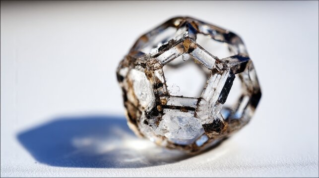 condoning. A naturally formed icosahedral crystal mineral, refracting geometric light in soft natural lighting against a clean background. STEM education sheets.