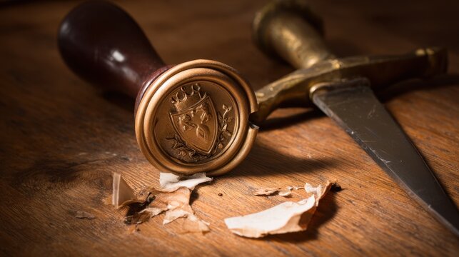 unsheathed. A broken family crest seal next to an unsheathed dagger on a wooden surface. event programs, museum guides, designed for cultural heritage projects and event programs, preserves heritage.