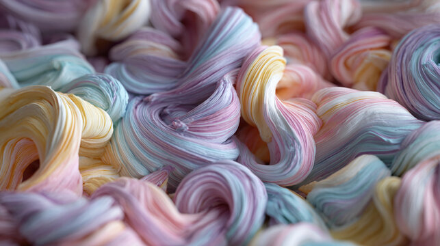 A close-up view of colorful, swirled material, creating a visually appealing texture with pastel hues