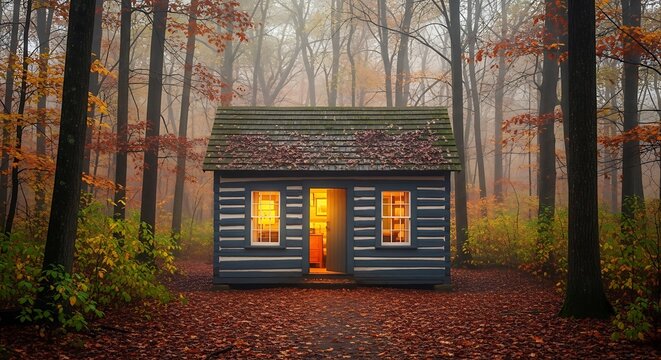 Small dwelling illuminated by warm light sits nestled within a dense forest during autumn