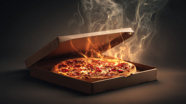 A steaming hot pizza in a cardboard box with the lid open on a dark background with smoke - Powered by Adobe