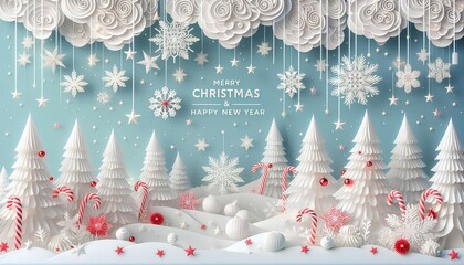 Paper Art Christmas Wonderland Background with Snowflakes, Candy Canes & White Christmas Trees – Merry Christmas & Happy New Year Art Design